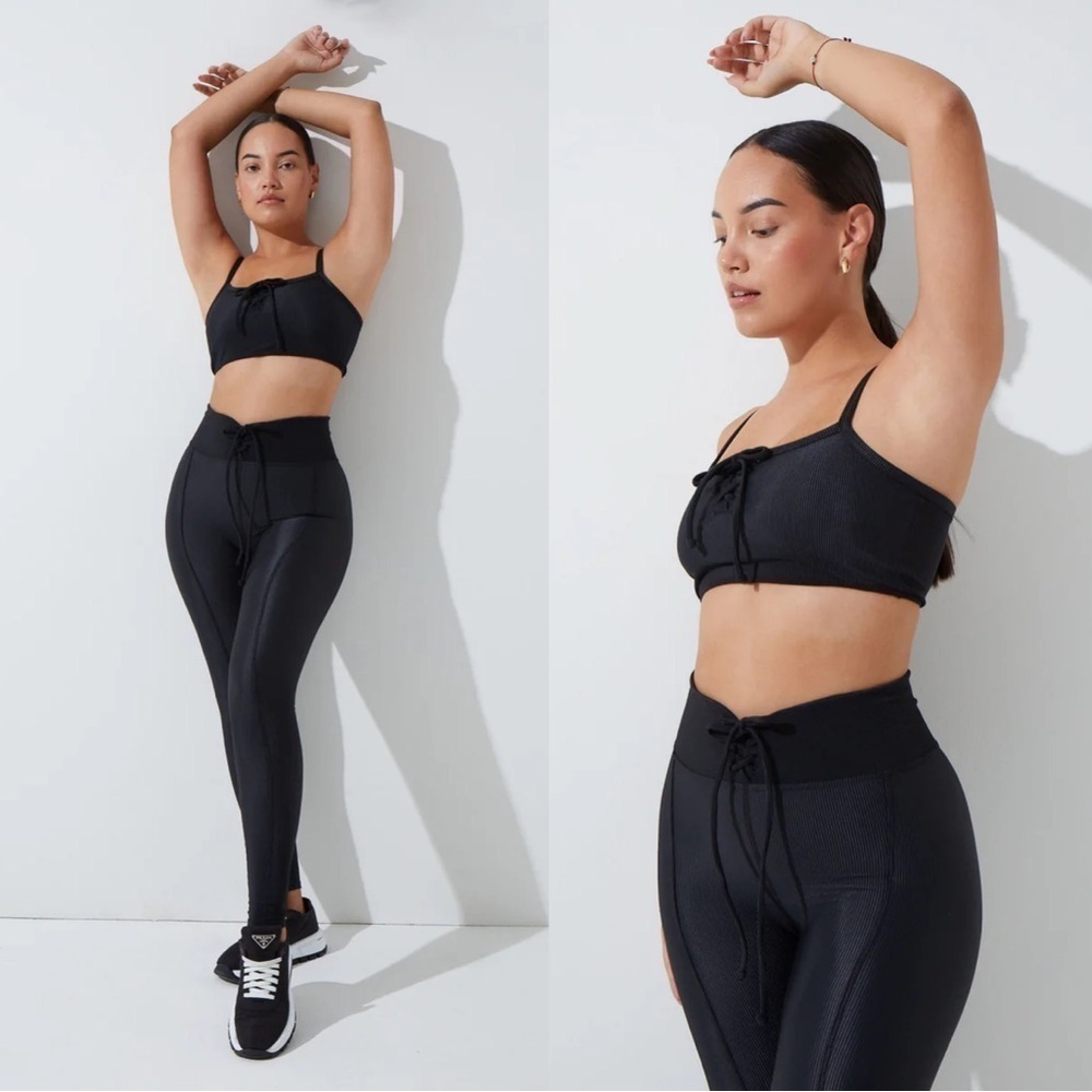 Noli Yoga Active Courtside Sports Bra and Legging Set in Ribbed Black